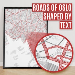 Oslo, Noorwegen | Afdruk van stadsplattegrond waar wegen worden gevormd door hun straatnaam.