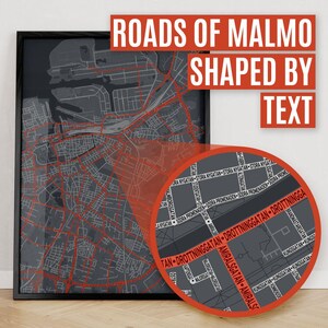 Malmö, Zweden | Afdruk van stadsplattegrond waar wegen worden gevormd door hun straatnaam.