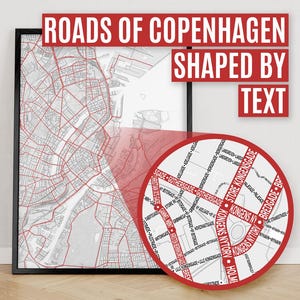 Kopenhagen, Denemarken | Afdruk van stadsplattegrond waar wegen worden gevormd door hun straatnaam.