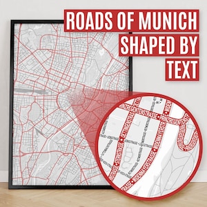 München, Duitsland | Afdruk van stadsplattegrond waar wegen worden gevormd door hun straatnaam.
