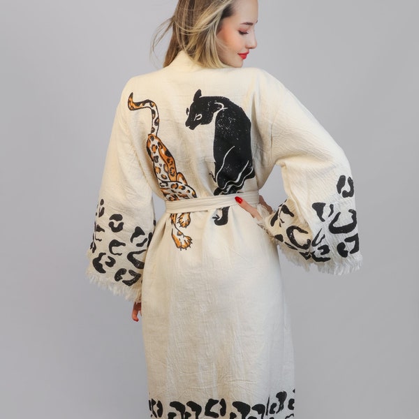 Iconium Turkish, leopard printed, muslin ethnic kimono, Bathrobe, Boho Beachwear, Spa Robe, Beachwear Cover Up, Cardigan, mother's day gift