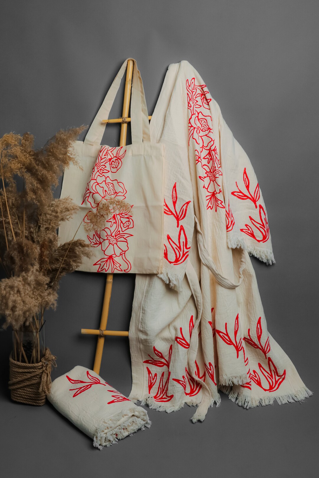 ICONIUM Flower Printed Muslin Robe, Towel Peshtemal and Tote Bag Set - Etsy