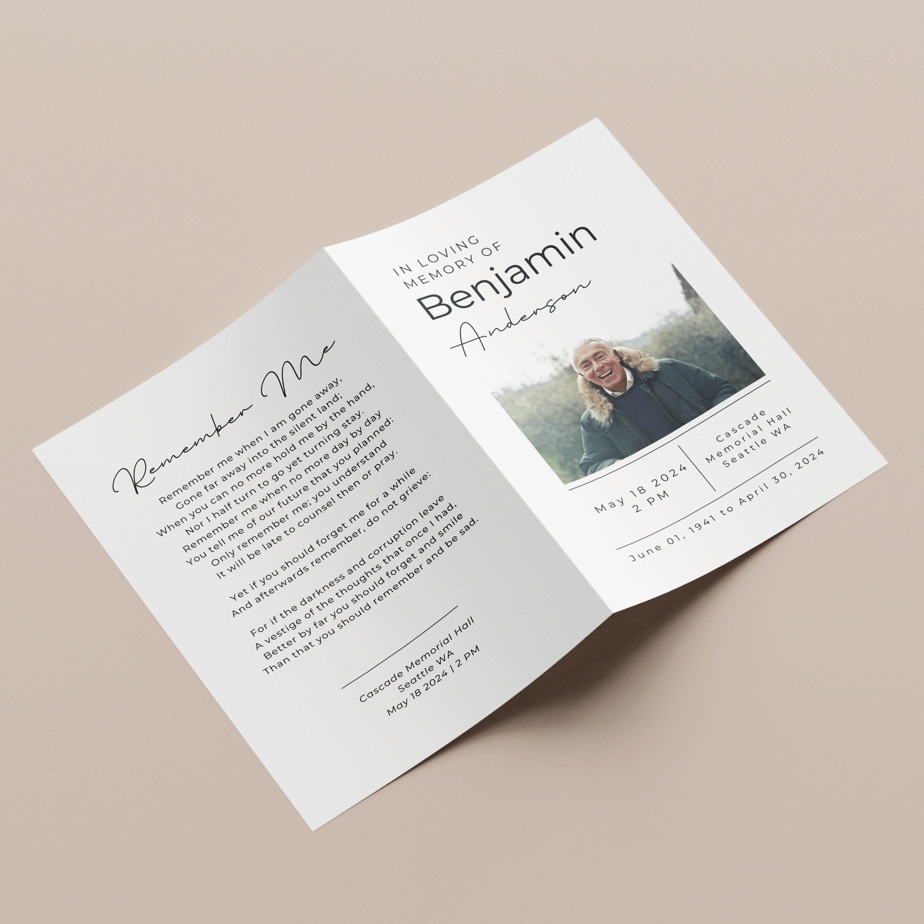 Funeral Program Template Simple, Celebration of Life Program Double ...