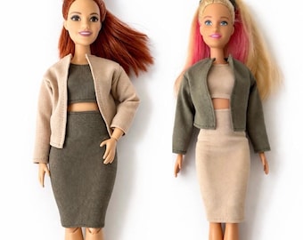 Mix and Match Outfit for 1:6 Scale Fashion Dolls | Handmade Doll Clothes | Skirt, Cropped Top, Jacket or Scrunchies