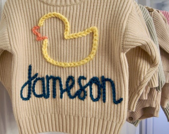 Personalized Hand Knit Sweater with NAME and CUSTOM OBJECT