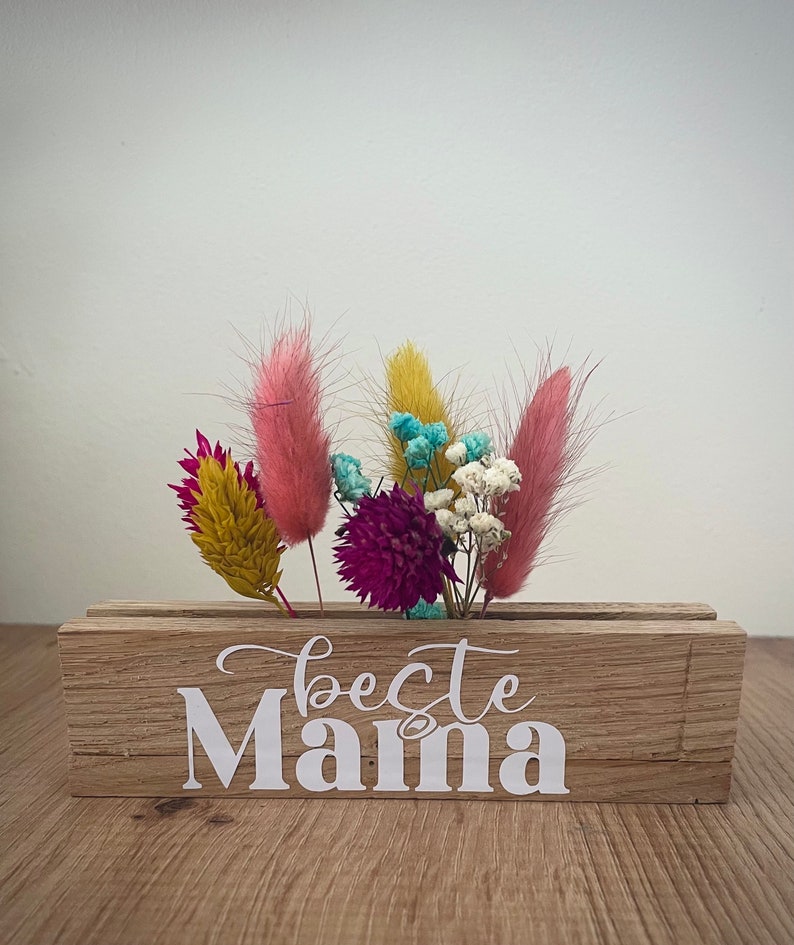 Trockenblumendeko/Muttertag/ Blumenleiste klein/ Kleines Geschenk/ Schriftzug/ Trockenblumenboard/ Holzdeko/ Mama 3