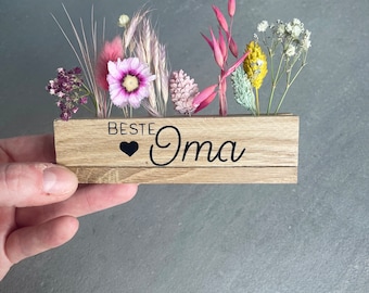 Trockenblumendeko/ Blumenleiste klein/ Kleines Geschenk/ Schriftzug/Trockenblumenboard/ Holzdeko/Lieblingsmenschen/ Oma/ Schwester