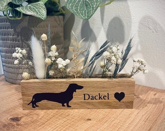 Trockenblumendeko/ Blumenleiste klein/ Kleines Geschenk/Hunde/ Trockenblumenboard/ Holzdeko/ Dackel/ Hunde