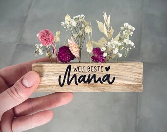 Trockenblumendeko/Muttertag/ Blumenleiste klein/ Kleines Geschenk/ Schriftzug/ Trockenblumenboard/ Holzdeko/ Mama