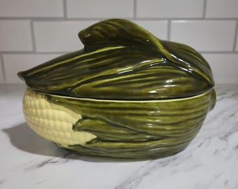 Signed Corn Cob Lidded Dish, 6 Inch Ceramic Candy Trinket Box