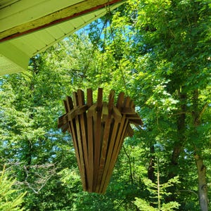 Vintage Wooden Hanging Planter 14" Tall – Mid Century Modern Geometric Slat Plant Holder, 7" Inner Diameter – Retro 70s Boho