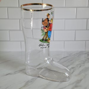 German Boot Shaped Beer Stein Vintage Beer Glass with a Man and Woman Hiking Graphic and Gold Rim Gilding Man Cave Glass 6&quot;