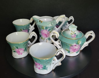 Limoges China Ornate Hand Painted Turquoise and Pink Floral Tea Set