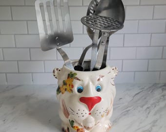 Vintage Ceramic Lion Planter • Hand Painted White Lion Utensil Holder • Retro Animal Cookie Jar Base No Lid • Made in Brazil Kitsch Decor
