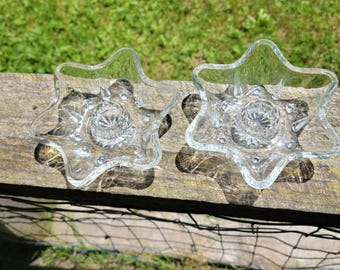 Pair of Vintage Clear Pressed Glass Candlestick Holders Set of 2