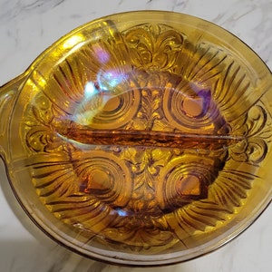 Vintage Indiana Iridescent Amber Carnival Glass Killarney 8.25&quot; Divided Relish Dish