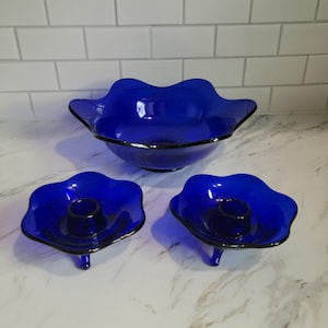 Vintage Cobalt Blue Glass Console Set – Lotus Ruffled Bowl & Matching Candlesticks