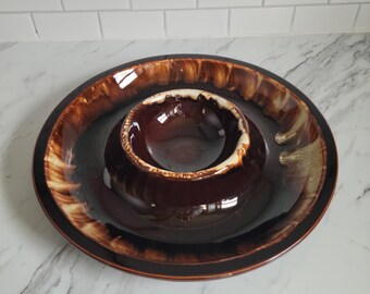 Vntage Pfaltzgraff Gourmet Chip and Dip Bowl Brown Drip Glaze