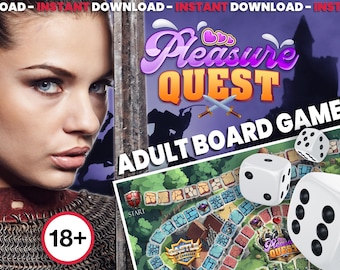 May include: A board game called "Pleasure Quest" with an 18+ rating. The game board features a castle and dice. The game is described as an adult board game.