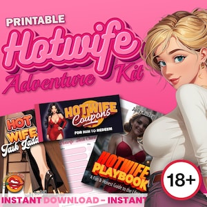 Könnte beinhalten: Druckbares "Hotwife Adventure Kit" mit verschiedenen Broschüren und Gutscheinen. Das Bild zeigt eine Cartoon-Frau und den Text "Hotwife" in Pink. Das Kit enthält ein "Hotwife Task Lada"-Heft und "Hotwife Coupons". Ein "18+"-Abzeichen ist ebenfalls sichtbar.