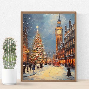 Arte de parede de Natal vintage, impressão de Natal em Londres, decoração de pintura a óleo de Natal Cottagecore, decoração de Natal, arte de parede de inverno