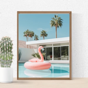 Puede incluir: Una fotografía enmarcada de un flotador de piscina rosa en forma de flamenco en una piscina. La piscina está rodeada de una casa moderna blanca con grandes ventanales. Se pueden ver palmeras en el fondo.