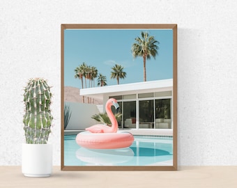 Palm Springs pooltryck, rosa preppy strandväggkonst, Palm Springs konstverk Kalifornientryck Kalifornienkonst, Flamingo Palm Spring,