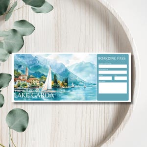 Druckbare Italien Bordkarte, bearbeitbares Flugticket, benutzerdefiniertes Reiseticket, Gardasee Bordkarte