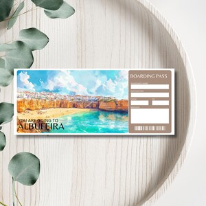 Albufeira Portugal Boarding Pass,Editable Plane Ticket,Portugal Trip Reveal Ticket, Custom Travel Ticket,Albufeira ticket Boarding Pass