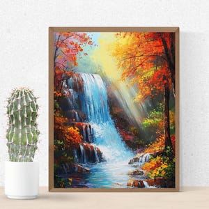 Vintage Autumn Painting, Fall Home Decor, Autumn Painting, Autumn Decor Rustic Fall Decor, Waterfall Wall Art, Rustic Wall Art