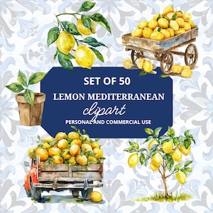 Watercolour Lemons Clipart, Summer Clip Art,Mediterranean Clipart, Watercolour Mediterranean Bundle, Mediterranean Tile Seamless Pattern