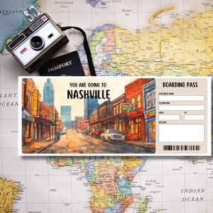 Printable Nashville Boarding Pass,Editable Plane Ticket, Nashville Trip Reveal Ticket, Custom Travel Ticket, Nashville Ticket