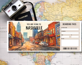 Printable Nashville Boarding Pass,Editable Plane Ticket, Nashville Trip Reveal Ticket, Custom Travel Ticket, Nashville Ticket