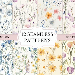 Dainty Flowers Seamless Patterns, Watercolour Flowers Patterns, Pastel Flowers, 12 Seamless Patterns