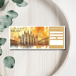 Druckbare Italien Bordkarte, bearbeitbares Flugticket, Italien Reise Reveal Ticket, benutzerdefiniertes Reiseticket, Mailand-Karte, Mailand Bordkarte