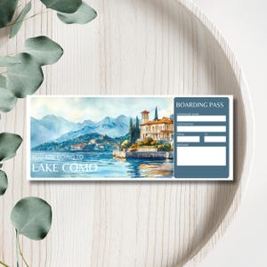 Tarjeta de embarque para Italia imprimible, billete de avión editable, billete de viaje a Italia, billete de viaje personalizado, billete para el lago de Como, tarjeta de embarque para el lago de Como