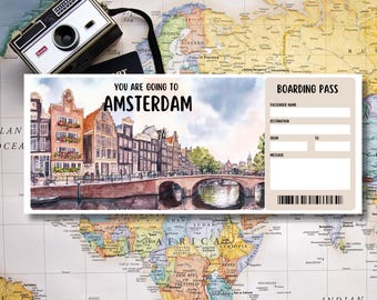 Printable Amsterdam Boarding Pass,Editable Plane Ticket, Amsterdam Trip Reveal Ticket, Custom Travel Ticket, Amsterdam Ticket