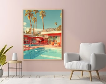 Palm Springs pooltryck, rosa preppy strandväggkonst, Palm Springs konstverk Kalifornientryck Kalifornienkonst, Flamingo Palm Spring,