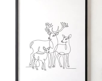 Deer Family One Line Art – Minimalist Wall Decor