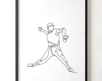One Line Art Baseball Pitcher – Digital Wall Art for Sports Fans