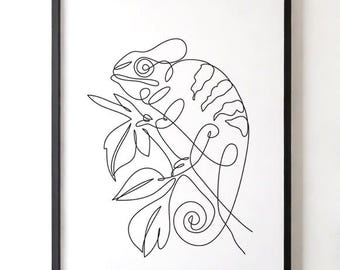 May include: A black and white line drawing of a chameleon on a branch with leaves. The chameleon is drawn in a continuous line style.