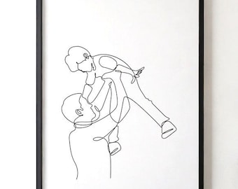 Dad and Son One Line Art Print, Father Lifting Child Drawing, Minimalist Family Wall Decor, Modern Digital Download