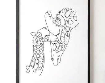 Minimalist Giraffe Mother and Baby Line Art Wall Decor