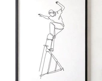 Skateboard Rail Grind One Line Art, Minimalist Skater Print, Urban Sports Wall Decor, Continuous Line Drawing, Digital Download