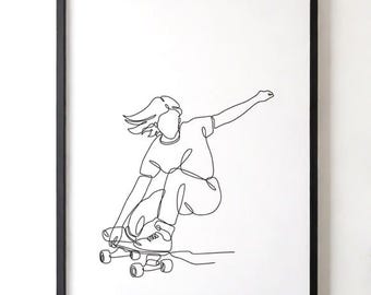 One Line Art Girl Cruising | Minimalist Skater Wall Art | Beach Skateboarding Digital Print