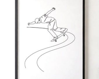 Skateboarding One Line Art Print, Minimalist Skater Wall Decor, Continuous Line Drawing, Urban Sports Artwork, Digital Download
