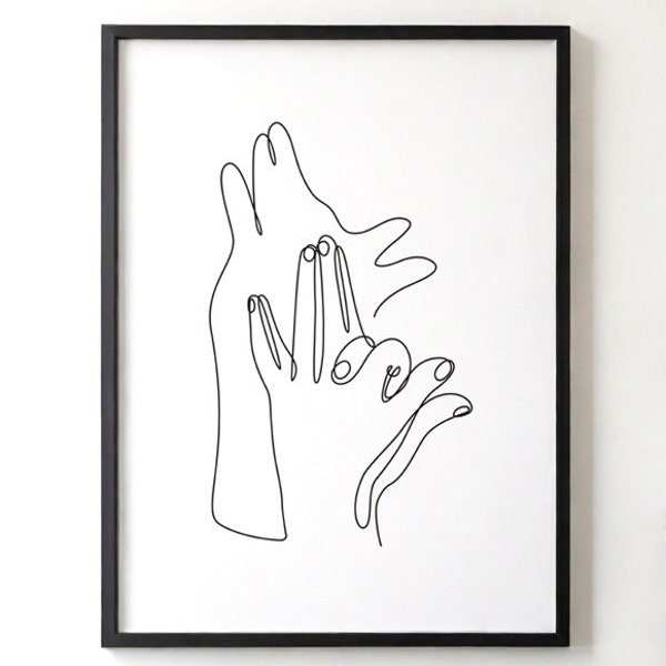 Abstract Hand Shadow Puppets One Line Art, Wolf, Howl, Fingers, Minimalist Art, Continuous line drawing, Home Decor, Printable Wall Art