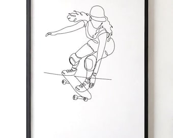 Female Skater Drop In – One Line Digital Skate Art – Minimalist Printable