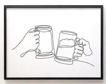 Cheers Beer One Line Art Print : Minimalist Bar Decor (Digital Download)