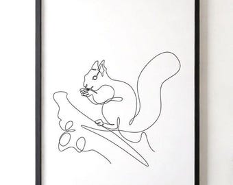 Minimalist Squirrel One Line Art, Woodland Animal Printable Wall Art, Continuous Line Drawing, Modern Nature Decor, Digital Download